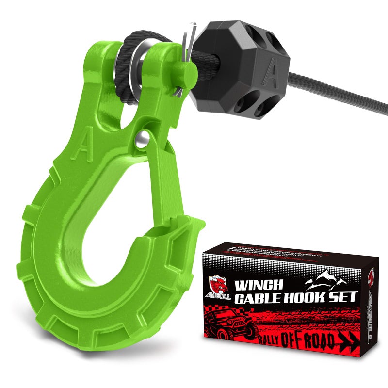 AMBULL 3/8" Winch Hook & Winch Cable Hook Stopper Sets, Heavy Duty Grade 70 Forged Steel Recovery Hook with Safety Latch, Included Allen Wrench,Max 37,478 Lbs, Green - Image 1